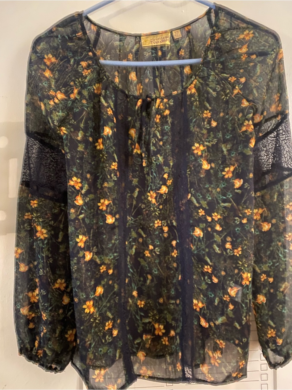 princess vera wang Black Sheer Blouse with Yellow Floral Print